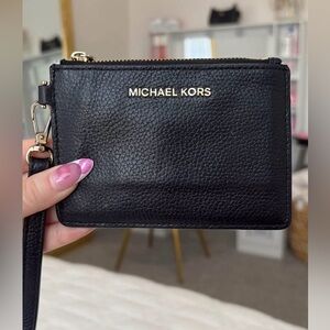 Michael Kors Black Pebbled Leather Wristlet Card Holder with Gold Hardware